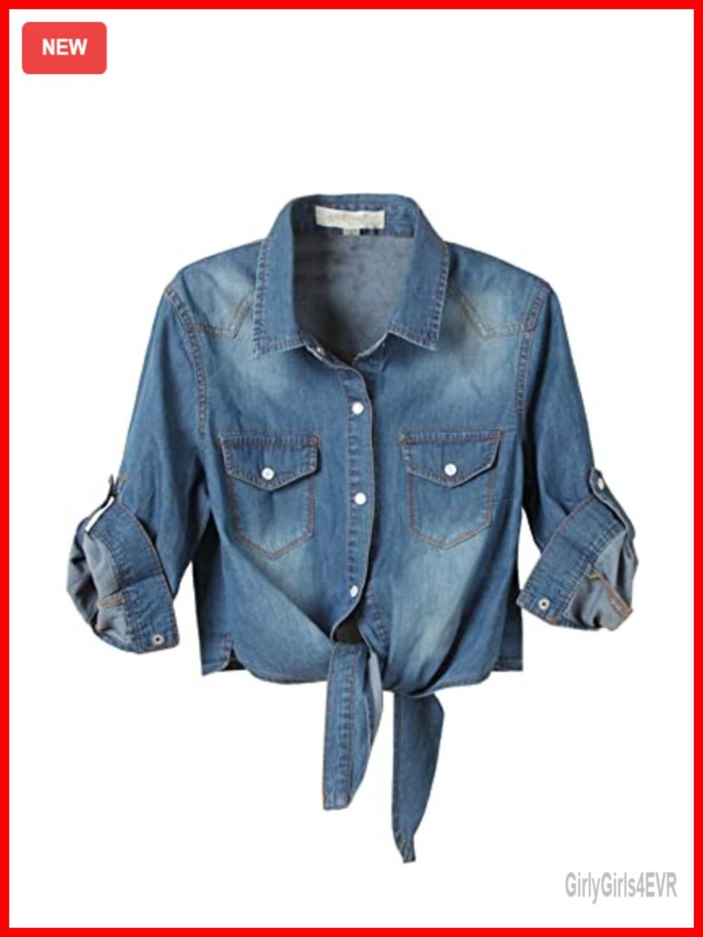 Women's 3/4 Sleeve Tie Front Cropped Denim Blouse Button Down Shirt